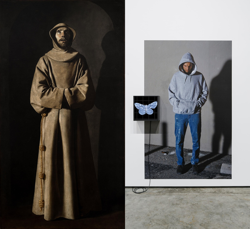 Left, Saint Francis of Assisi, by Francisco de Zurbarán, circa 1635–45; right, Moth, by Owen Kydd, 2015.